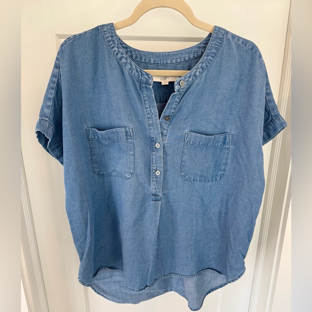 LOFT Denim/Chambray Dolman Henley Top. - Picture 3 of 5
